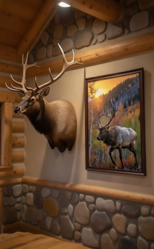 trophy elk mount in luxurious log and stone lodge displayed next to gallery quality digital taxidermy canvas to enhance the story and improve context.