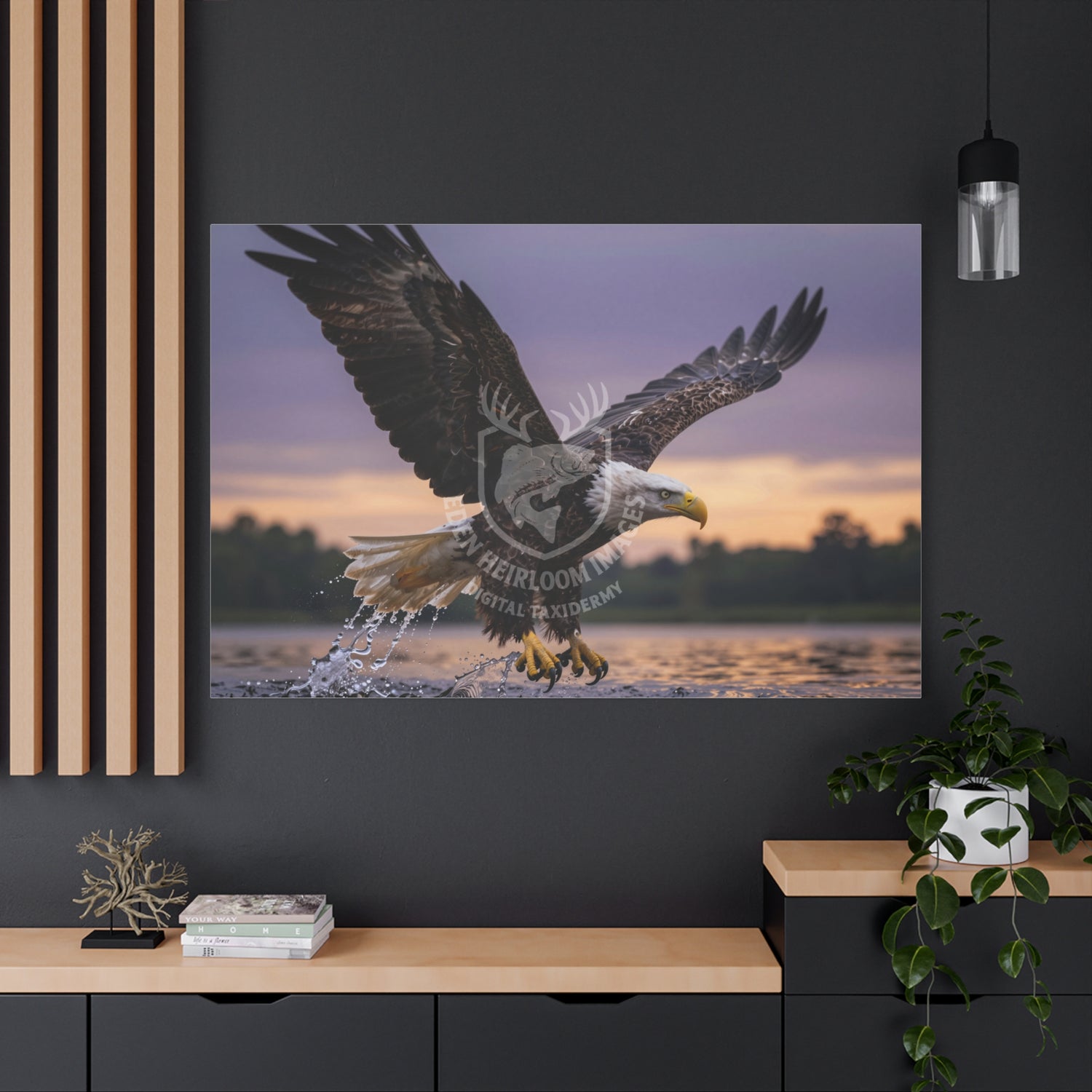 Photorealistic canvas wall art mockup of a bald eagle emerging from lake water at sunset, talons empty after missing a fish, water splashing, dramatic golden light, hanging on wall