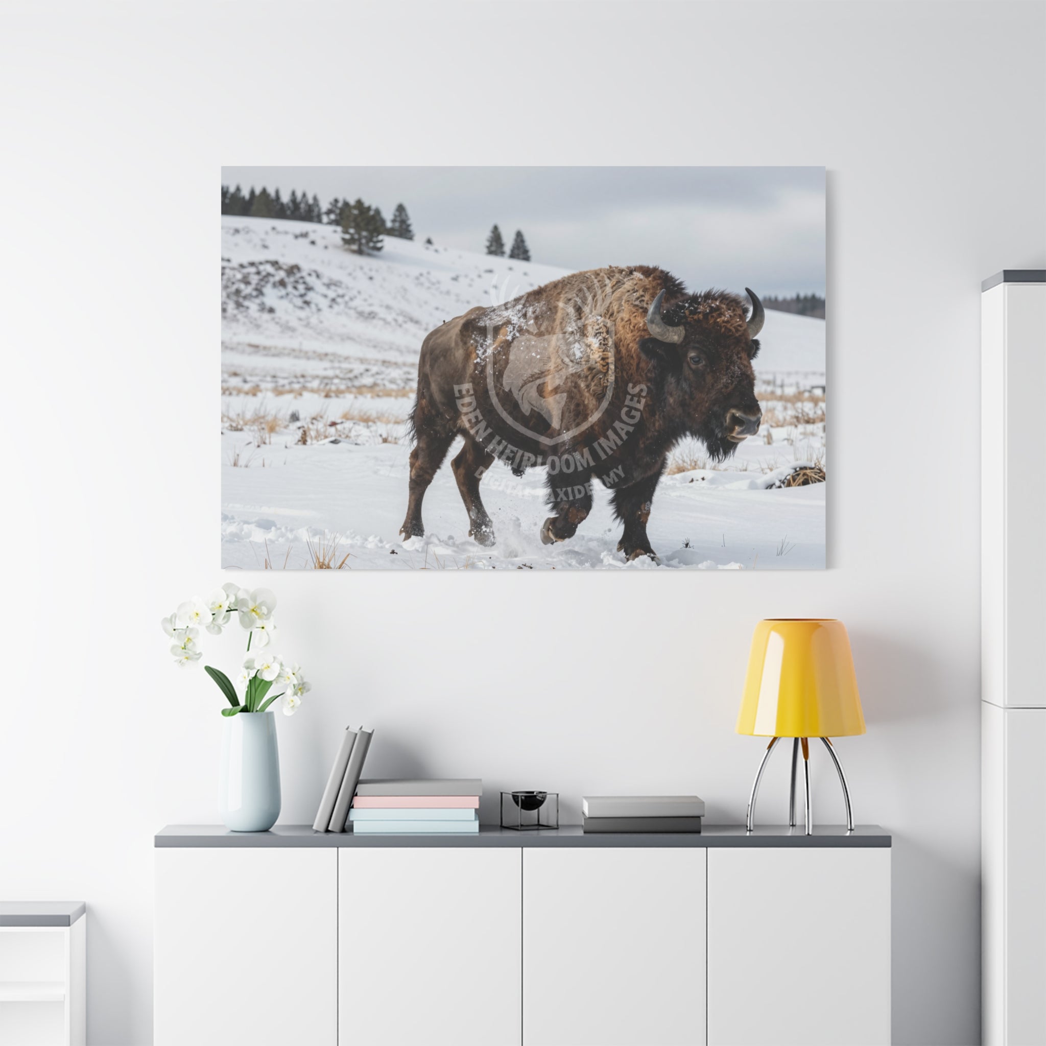 Mockup wall art in office, american bison running in snow
