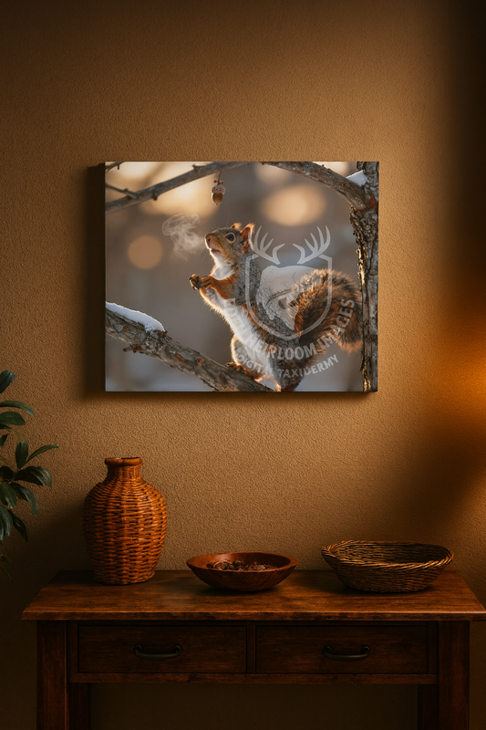 Mockup canvas wildlife wall art of ultra realistic grey squirrel discovering last acorn hanging from a tree. Digital Taxidermy Wildlife Wall art Canvas Print