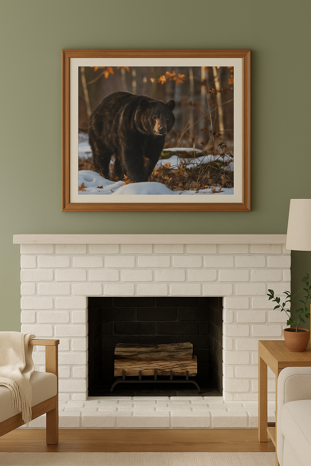 Mockup of framed Limited Edition Digital Print Wildlife Art. Black bear strolling through snow at sunset in woodland scene.