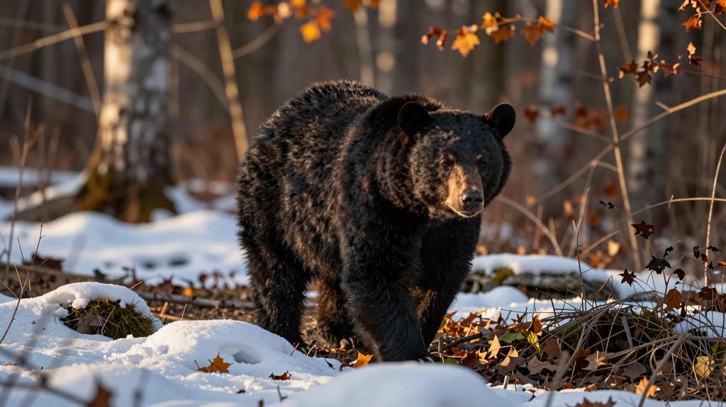 Digital Limited Edition image of black bear digital taxidermy, strolling through snow with autumn leaves on ground, woodland scene, ultra realistic detail, sunset