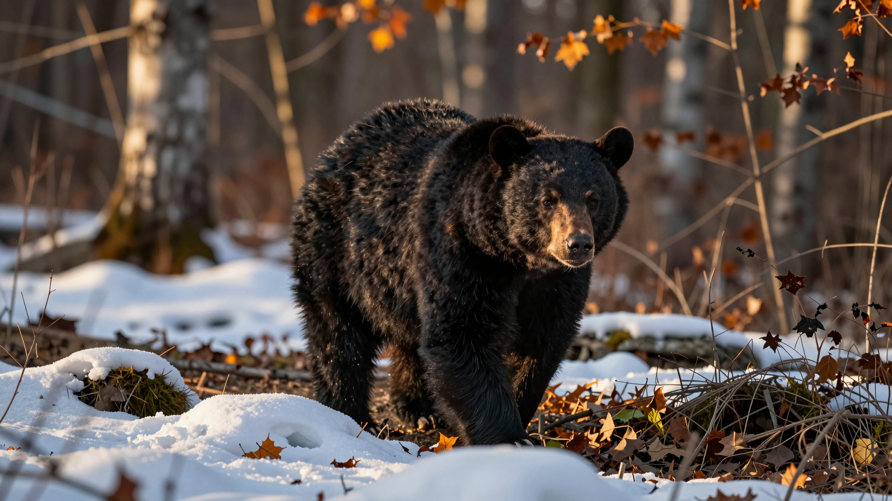 Digital Limited Edition image of black bear digital taxidermy, strolling through snow with autumn leaves on ground, woodland scene, ultra realistic detail, sunset